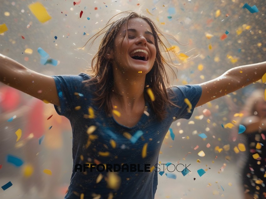 A woman in a blue shirt is laughing and surrounded by confetti