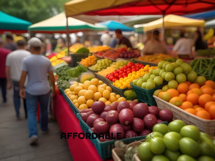 Fruit Market with People and Tables