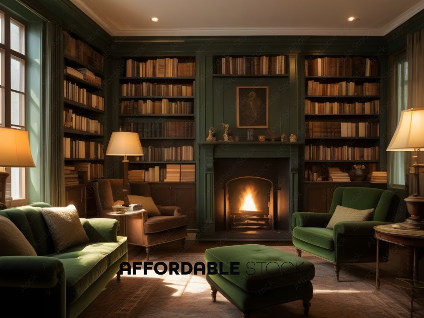 A cozy library with a fireplace and bookshelves