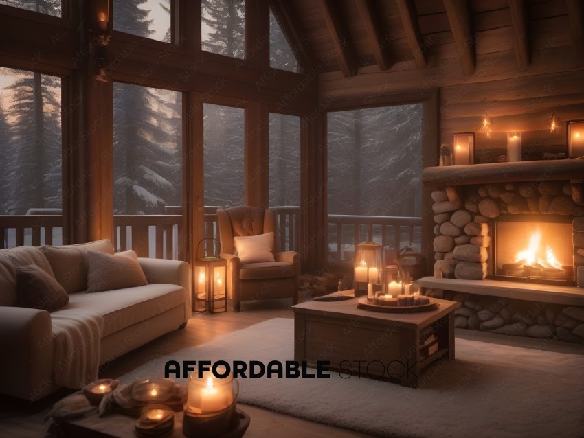 A cozy cabin with a fireplace and candles