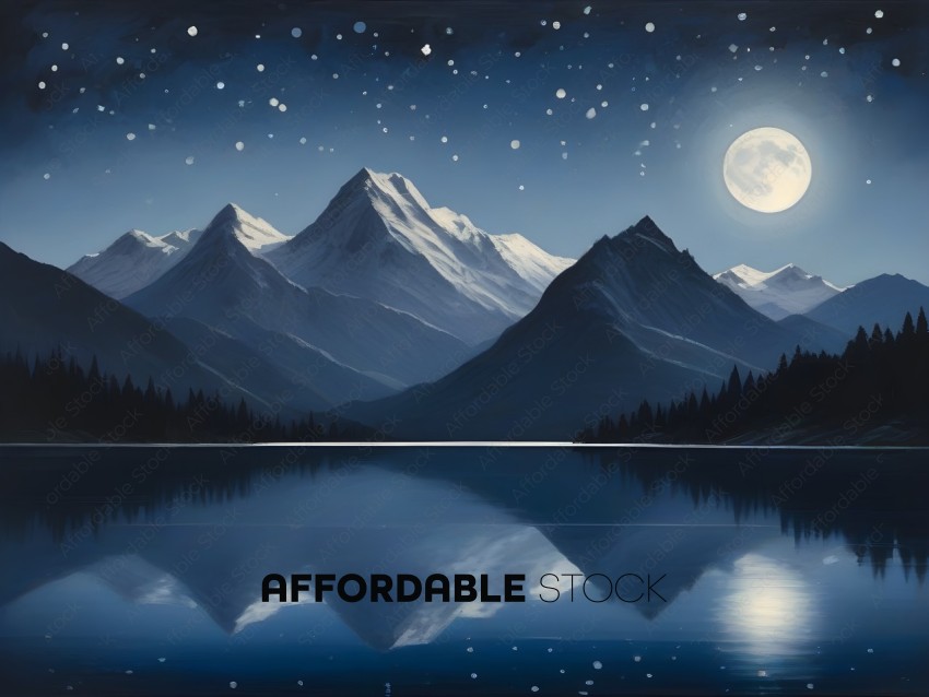 A painting of a mountain range with a moon in the sky