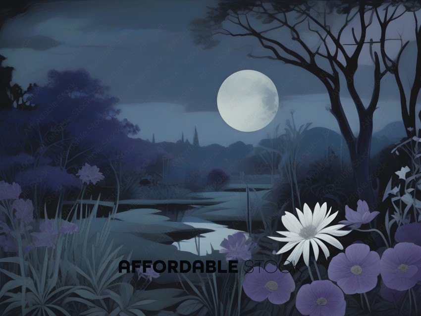 A painting of a moonlit night with flowers and trees