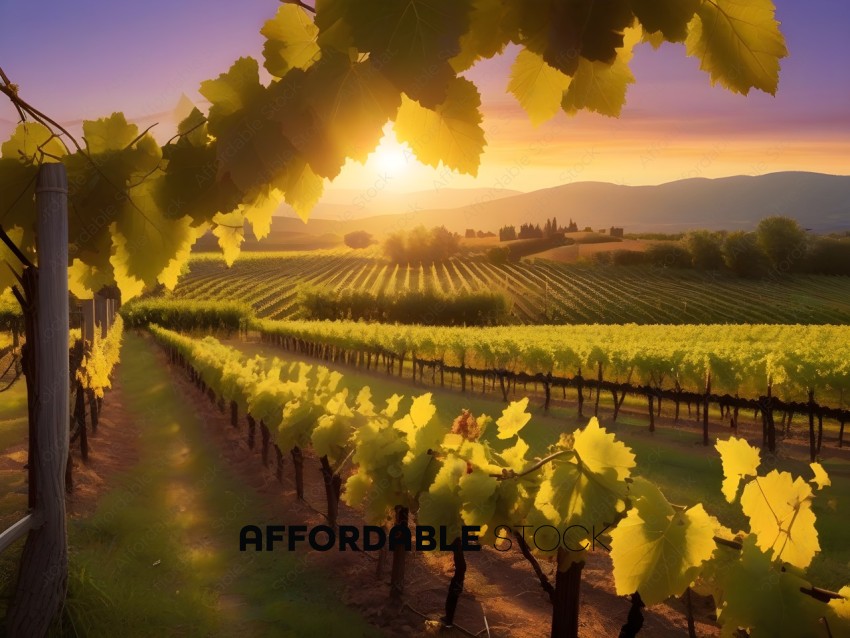 Vineyards with a beautiful sunset in the background