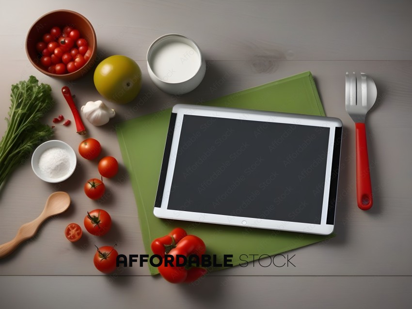 A table with a tablet, tomatoes, and other food items