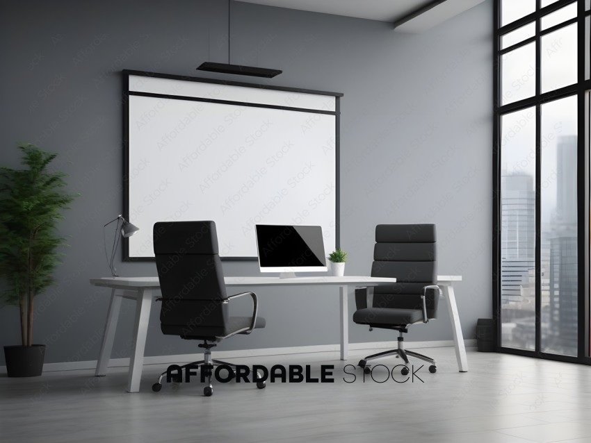 A black and white office scene with a white desk and two black chairs