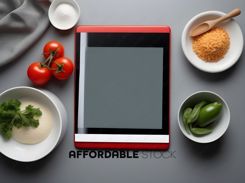 A table with a red tablet, tomatoes, and other foods