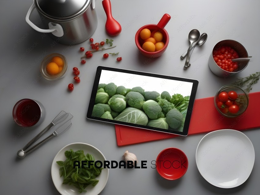 A table full of food and a tablet with a picture of vegetables on it