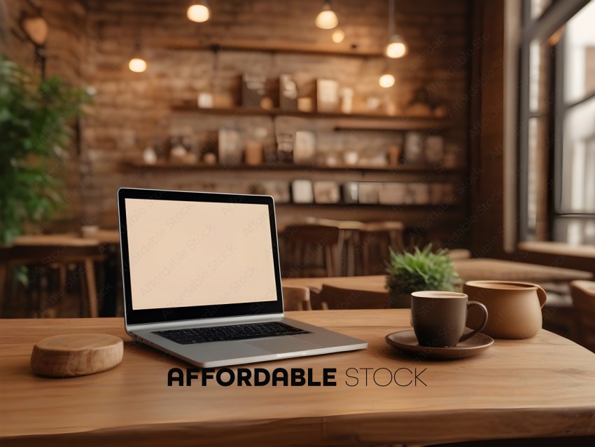 A laptop on a table with a cup of coffee