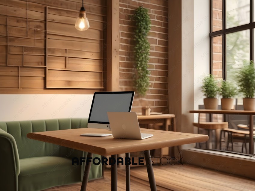 A MacBook Pro on a wooden table in a room with a green couch