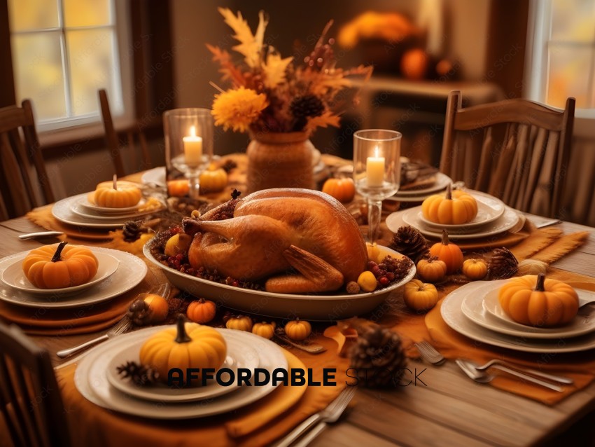 A Thanksgiving Dinner with a Turkey, Pumpkins, and Candles