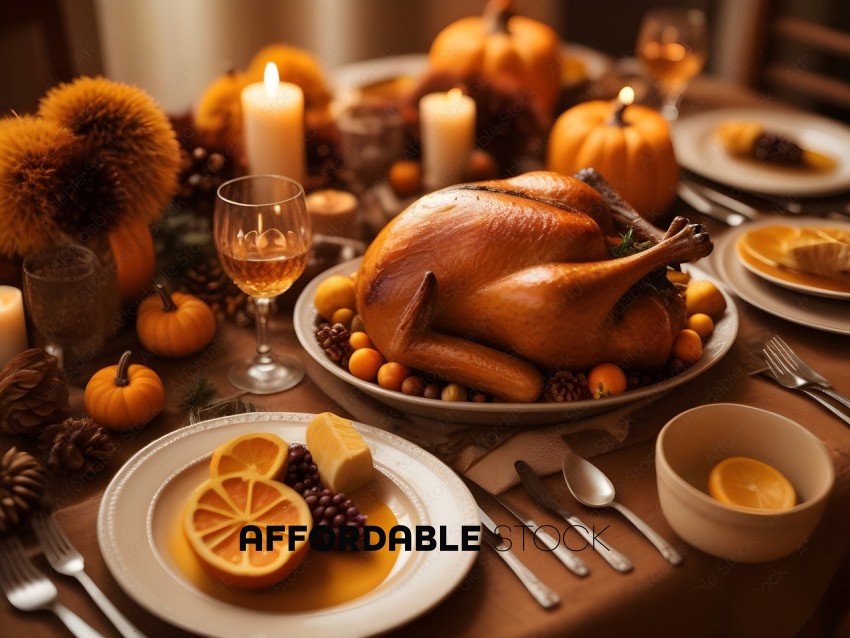 A Thanksgiving Dinner with a Turkey, Pumpkins, and Fruit