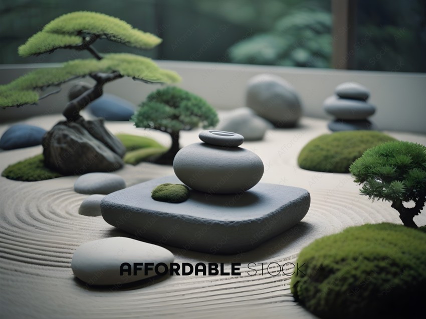 A group of rocks and a sculpture of a tree and a rock