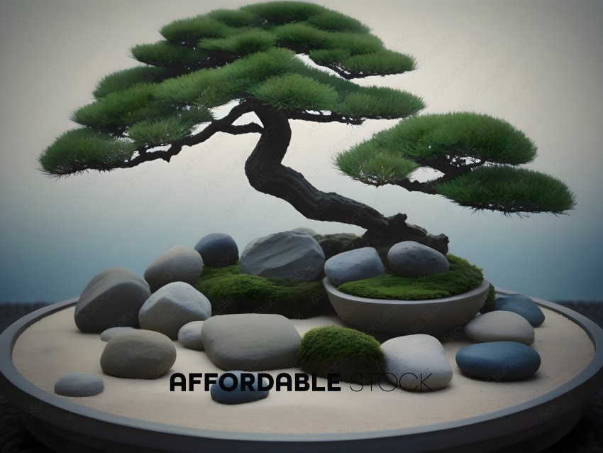 A Bonsai Tree with Rocks and Moss