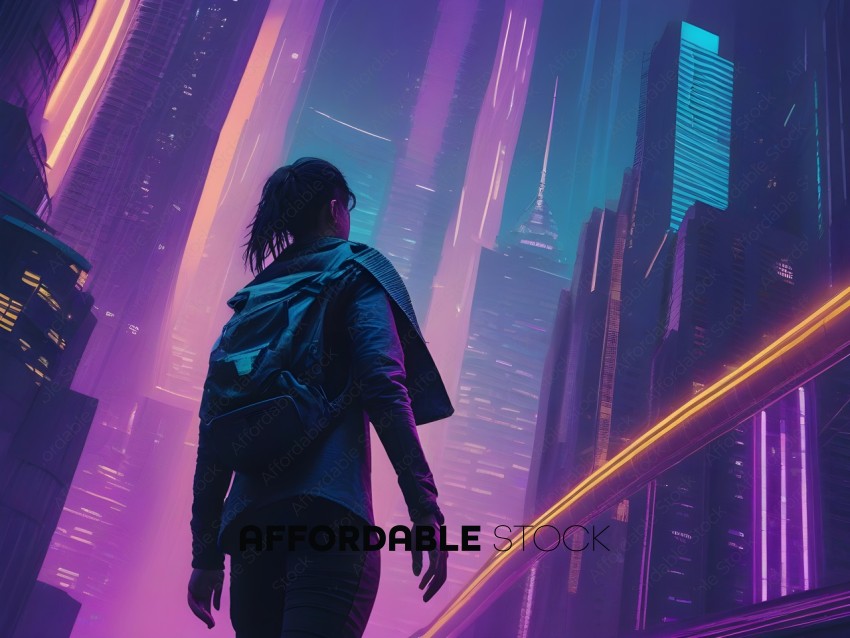 A person wearing a backpack walking in a futuristic city
