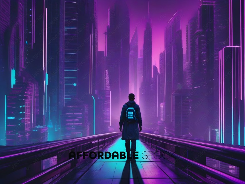 A person wearing a backpack standing on a bridge in a futuristic city