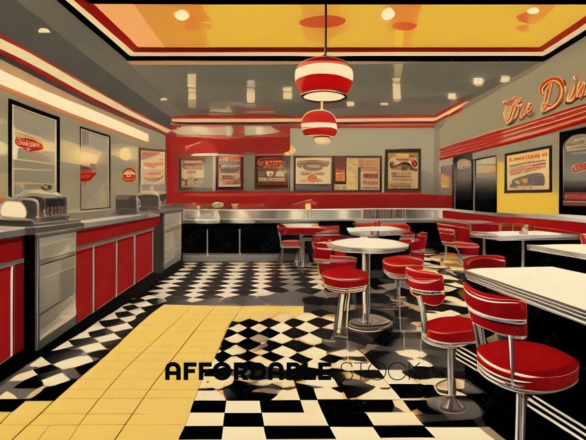 A restaurant with a black and white checkered floor