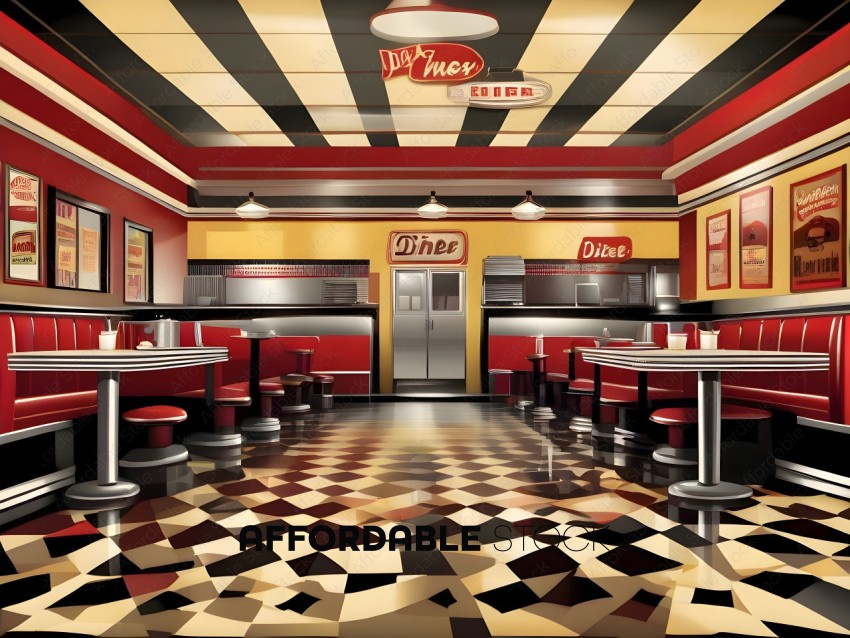 A diner with a checkered floor and red and yellow decor
