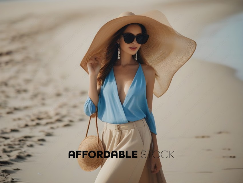 A woman in a blue dress and tan hat on the beach