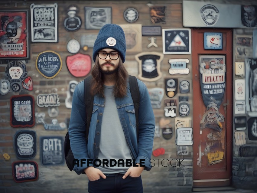 Man in a denim jacket and blue hat standing in front of a wall of stickers