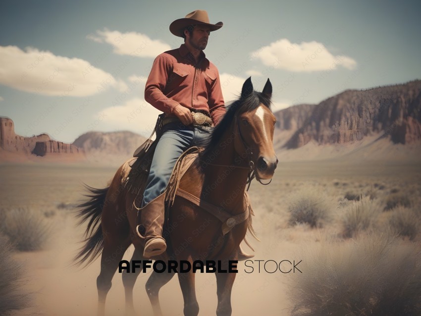 A cowboy riding a horse in the desert