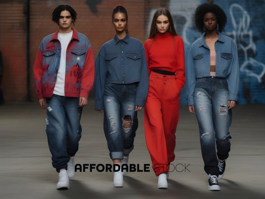 Four models wearing denim and red clothing