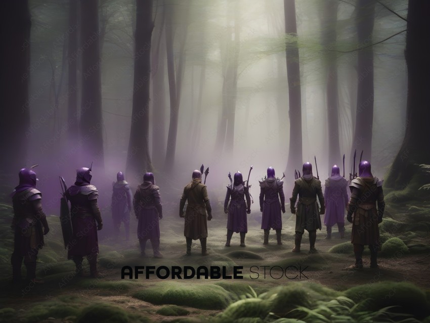 A group of warriors in purple and brown stand in a forest