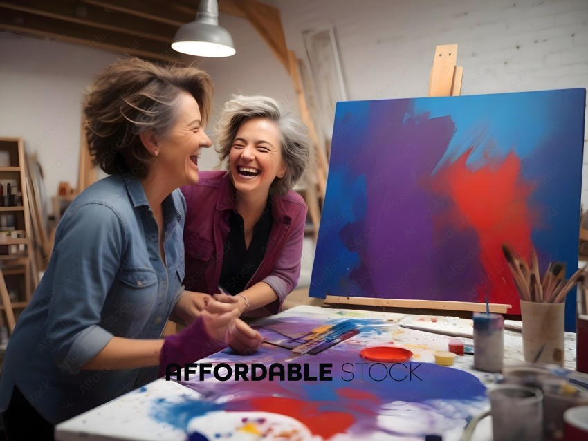 Two women laughing while painting a picture