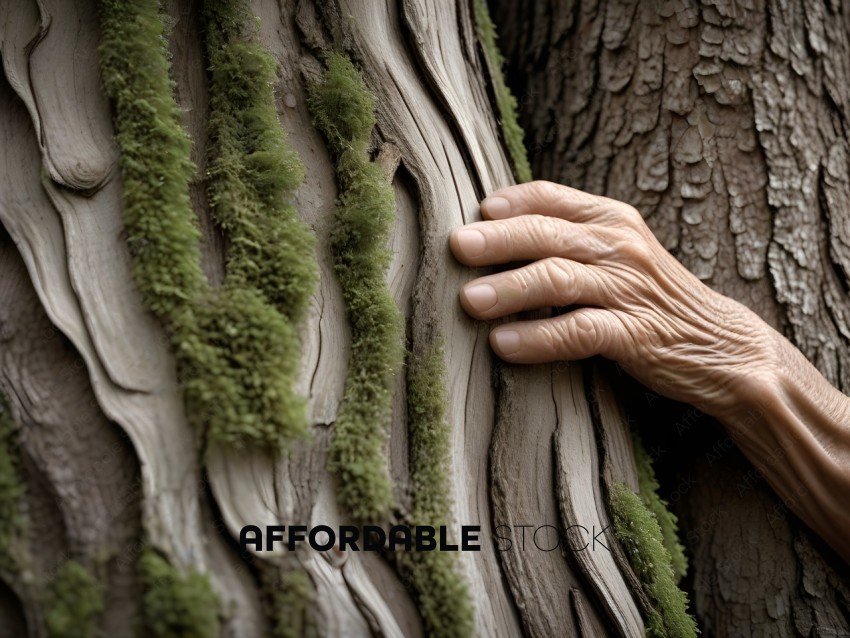 An elderly person touches a tree trunk