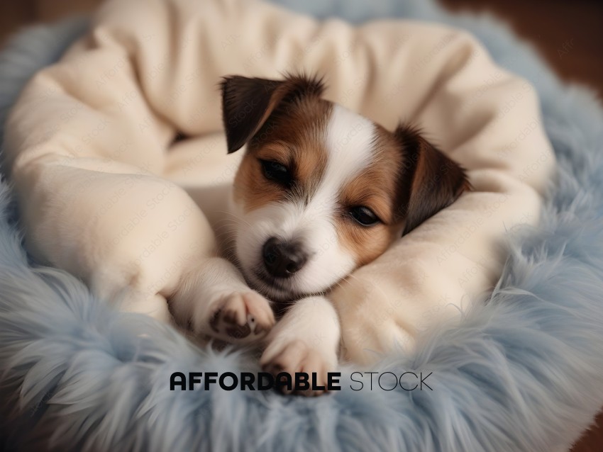 A small brown and white dog sleeping in a blue dog bed