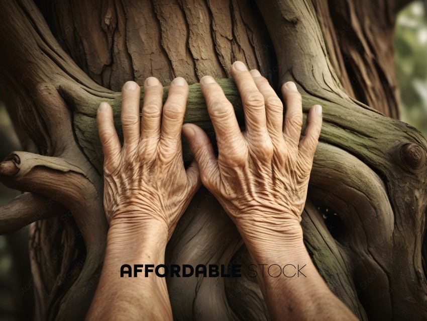 A person's hands grasping a tree trunk