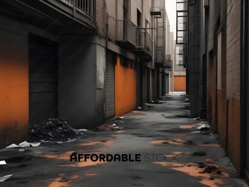 A long, narrow alleyway with orange doors and a dirty floor