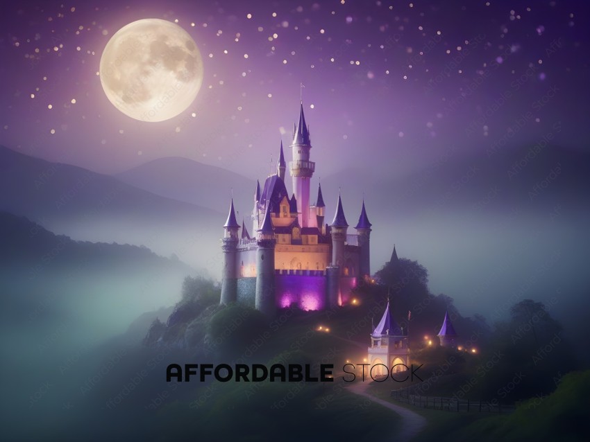 A castle with a purple sky and a moon in the background