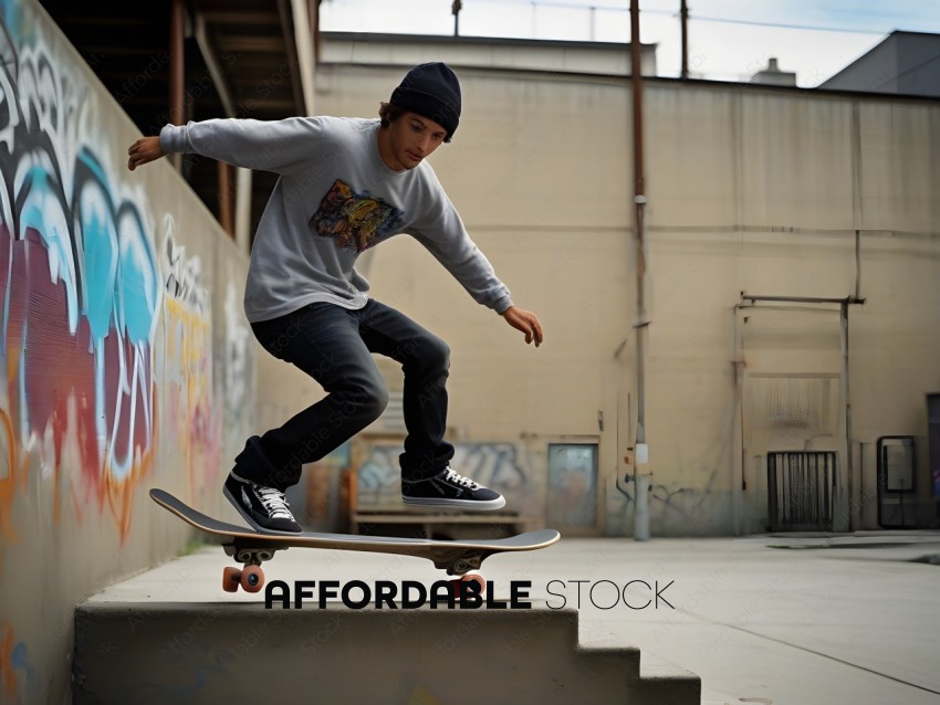 Skateboarder on stairs, wearing a gray sweatshirt and black hat