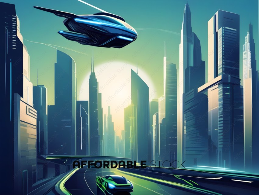 Futuristic Cityscape with Cars and Airplane