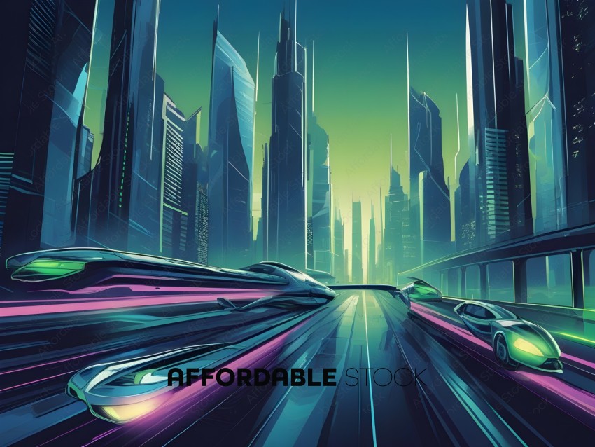 Futuristic Cityscape with Cars and Trains