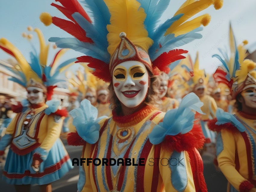 Woman in colorful costume with yellow, red, and blue feathers