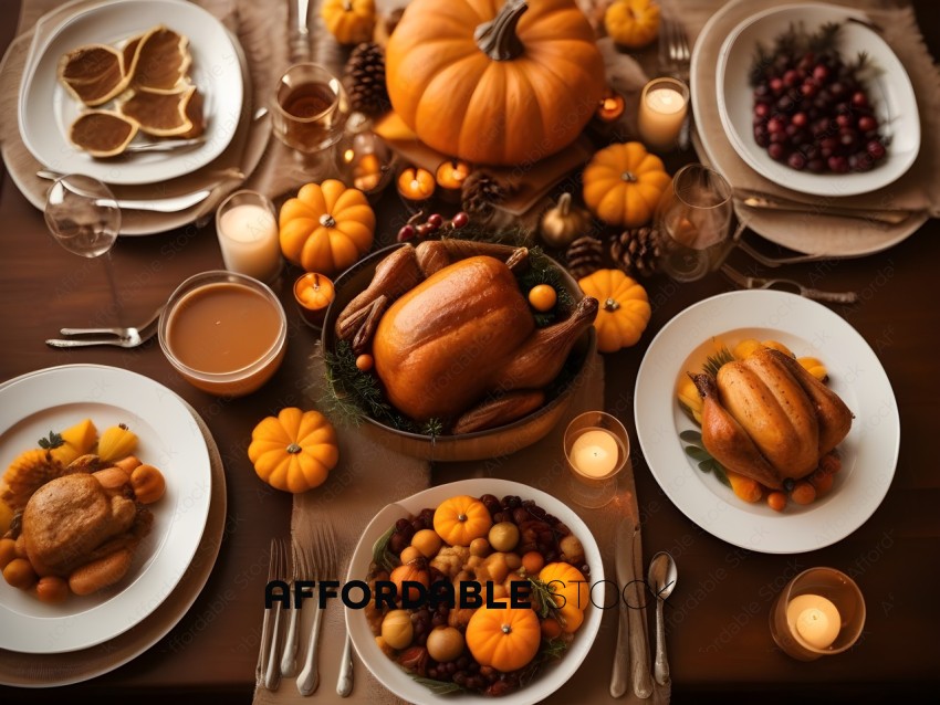 A Thanksgiving Dinner with Pumpkins, Pinecones, and Pecans