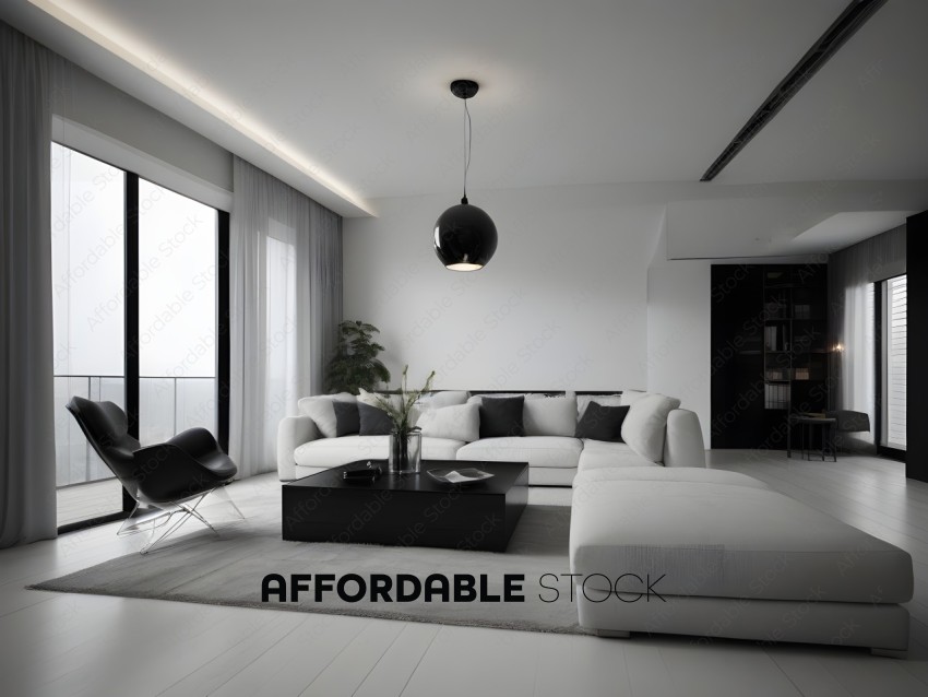 A clean, modern living room with white furniture