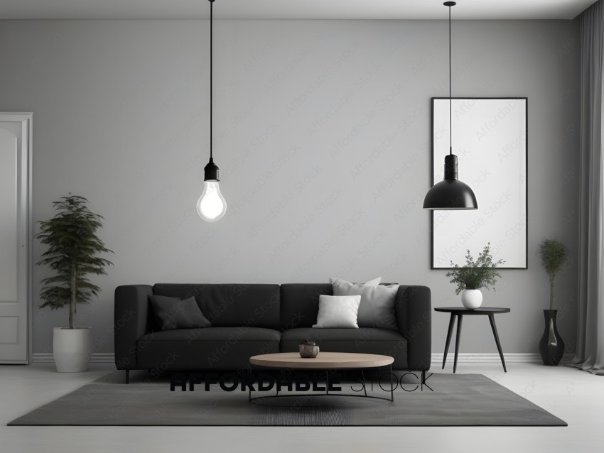 A black couch with a white lamp and a black lamp hanging from the ceiling
