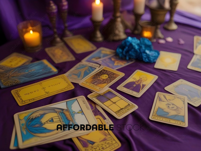 A purple cloth with various cards and candles on it