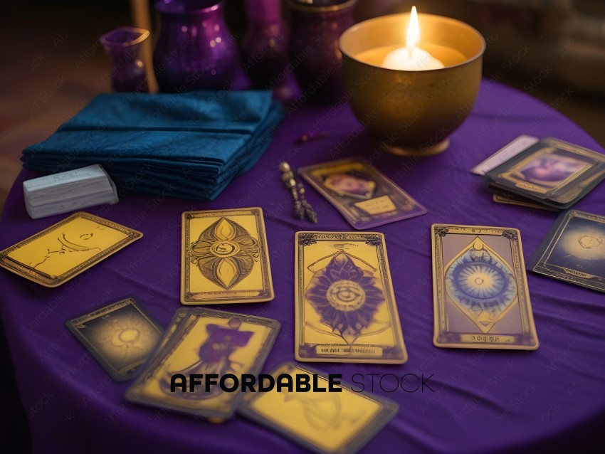 A table with a purple tablecloth and various cards and objects on it