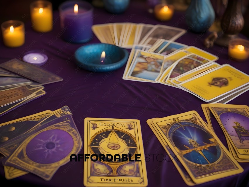 A table with a purple tablecloth and various cards and candles