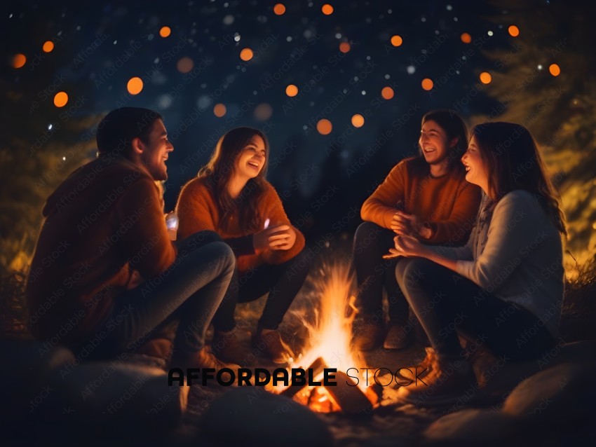 Four friends sitting around a fire, laughing and smiling