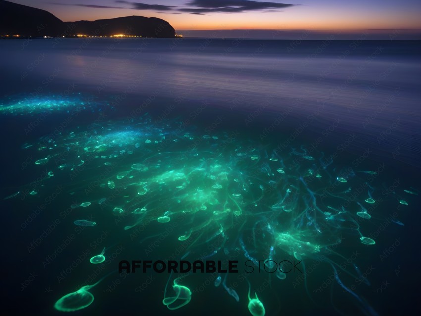 A group of glowing jellyfish in the ocean