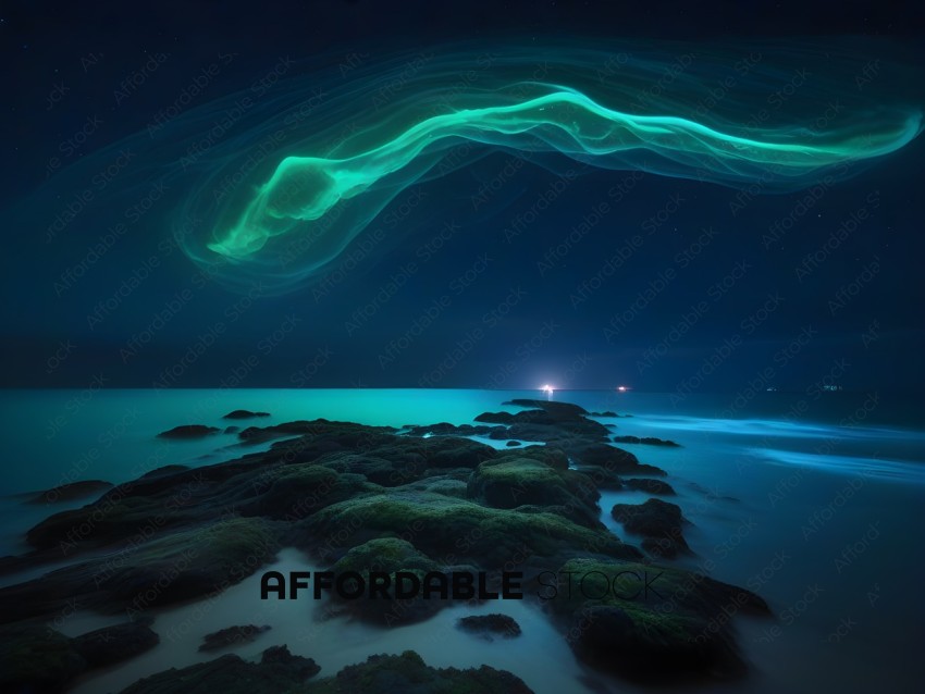 A beautiful night scene of a rocky coastline with a green glow