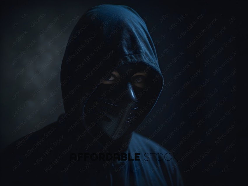 A person wearing a black hooded sweatshirt and a black mask