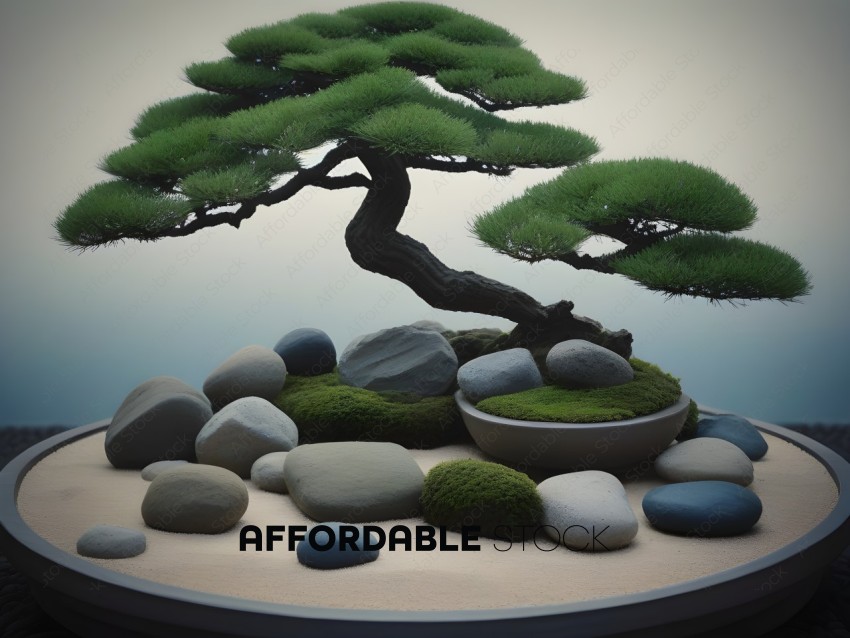 A Bonsai Tree with Rocks and Moss