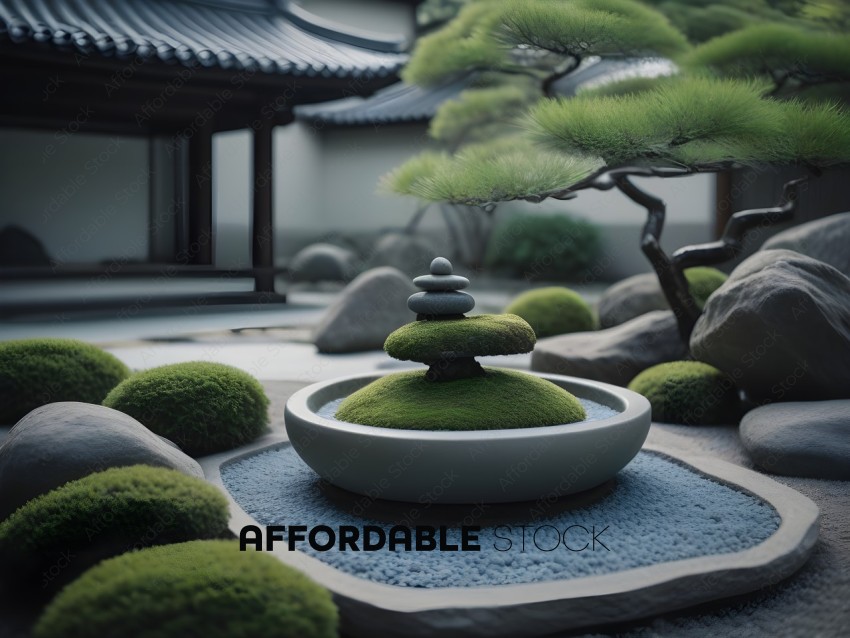 A rock garden with a bowl of moss and rocks