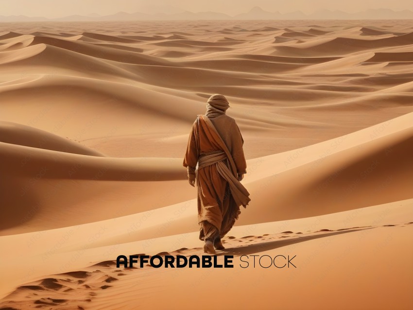 A man in a long robe walks through a desert