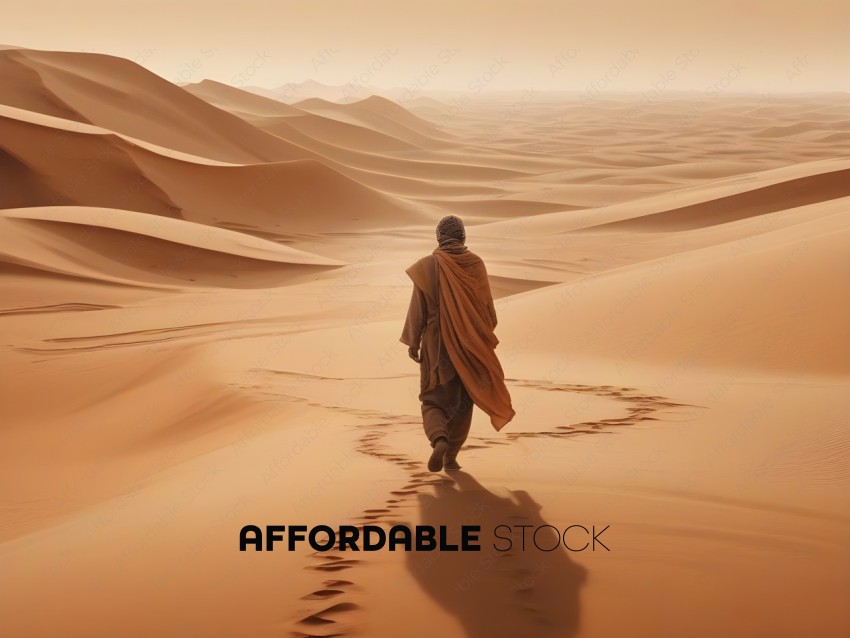 A man in a desert with a blanket wrapped around him